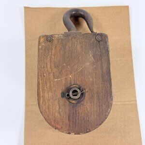 Vintage Single Wooden Barn Pulley Block Tackle Wood Wheel Steel Hook Farm Tool